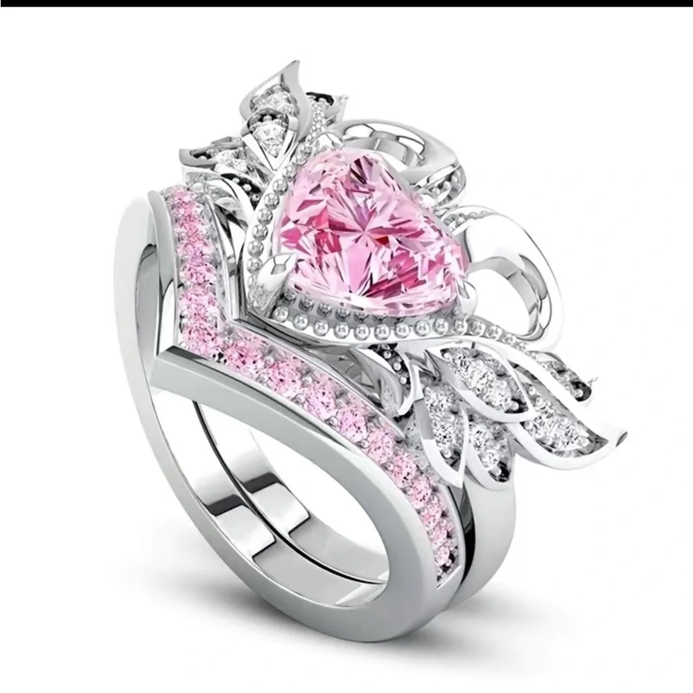 New! Beautiful 2 Piece Swan Engagement Ring Pink Silver Diamond Simulated Size 9